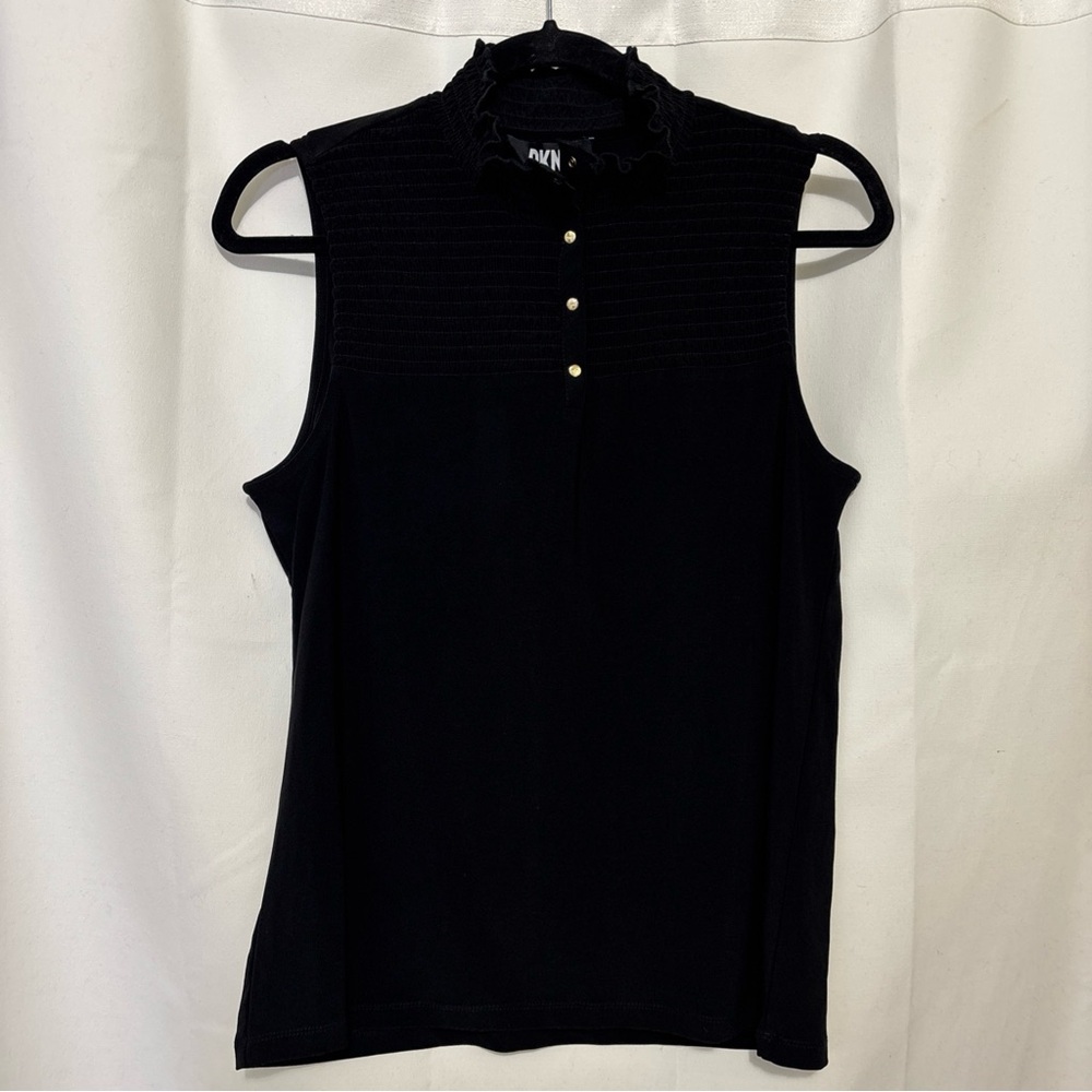 DKNY Black Sleeveless Blouse with Ruffle Collar. Size Small. New with Tags.